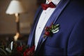 Stylish groom in blue suit with red bowtie and green-red boutonniere on his jacket - wedding details Royalty Free Stock Photo