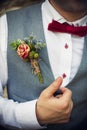 Stylish groom dressed in a white shirt, jacket, decorated with a beautiful boutonniere and a red bow tie Royalty Free Stock Photo