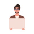 Stylish guy in trendy sunglasses carrying empty banner vector flat illustration. Colorful hipster bearded man posing