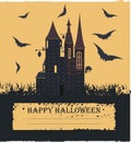 Stylish halloween card with witch castle, flying bats