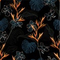 Stylish hand drawn dark tropical exotic line florals ,leaves and orchid flowers seamless pattern vector ,Design for fashion,