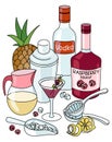 Stylish hand-drawn doodle cartoon style French Martini cocktail composition. A bottle of vodka and raspberry liquor Royalty Free Stock Photo