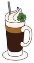 Stylish hand-drawn doodle cartoon style hot winter sweet Irish Coffee cocktail decorated with hard cream and four-leaf Royalty Free Stock Photo