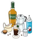 Stylish hand-drawn doodle cartoon style Irish Coffee hot cocktail composition. A bottle of whiskey, moka pot, fresh and