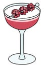 Stylish hand-drawn doodle cartoon style pink Clover Club cocktail in cope glass garnished with raspberries. A vector