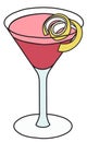 Stylish hand-drawn doodle cartoon style pink Cosmopolitan cocktail in Martini glass garnished with a lemon twist. Vector Royalty Free Stock Photo