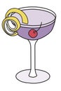 Stylish hand-drawn doodle cartoon style purple lavender aviation cocktail garnished with a cherry. A vector illustration