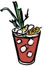 Stylish hand-drawn ink style Ice cold fresh salty tomato bloody Mary garnished with olives, celery and slice of lemon