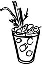 Stylish hand-drawn ink style Ice cold fresh salty tomato bloody Mary garnished with olives, celery and slice of lemon