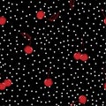 Stylish hand drawn red cherry fruits on random polka dots seamless pattern on vector design for fashion,fabric,web,wallpaper and