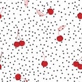 Stylish hand drawn red cherry fruits on random polka dots seamless pattern on vector design for fashion,fabric,web,wallpaper and