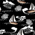 Stylish hand drawn sea boat,ship,waves sailing in the ocean wih white corals seamless pattern vector,Design for fashion , fabric