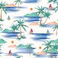 Stylish Hand painted and drawn summer island palm tree ,ocean ,wave ans boat seamless pattern vector,Design for fashion , fabric, Royalty Free Stock Photo