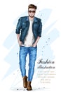 Stylish handsome man in fashion clothes. Fashion man. Hand drawn male model. Sketch. Royalty Free Stock Photo