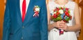 Stylish happy bride with a bouquet and groom.Waiting for the ceremony. Wedding Morning.