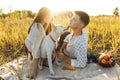 Stylish happy couple relaxing with white dog on plaid in summer meadow in sunny light. Fun on picnic Royalty Free Stock Photo