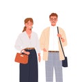 Stylish happy man and woman standing together vector flat illustration. Smiling couple or colleagues in trendy outfit