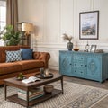 Harmonized living room with brown sofa and blue commode Royalty Free Stock Photo