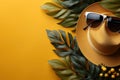 Stylish hats glasses eyeshadow and tropical leaves on yellow, beautiful summer photo