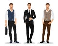 Stylish high detailed graphic businessmen set. Cartoon male characters. Men in fashion clothes. Flat style. Royalty Free Stock Photo