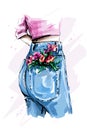 Stylish high waist back jeans. Women`s in tight blue jeans. Flowers in pocket.
