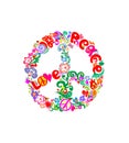 Stylish hippie peace flower symbol with abstract flowers, feathers, hearts, butterfly and love and peace word Royalty Free Stock Photo