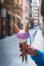 Stylish hipster woman holding an ice cream in her hand. Summer time in Italy Royalty Free Stock Photo