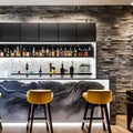 A stylish home bar with a mirrored backsplash, open shelves displaying a collection of spirits, and bar stools with faux fur cus Royalty Free Stock Photo