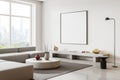 Stylish home chill room interior couch and shelf near window, mockup frame Royalty Free Stock Photo