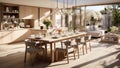 Home interior with open plan kitchen and dining area. Created with Generative AI Royalty Free Stock Photo