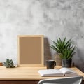 Stylish home interior of an open work space with wooden table, chair, lamp, laptop and shelves,Home work room background, Royalty Free Stock Photo