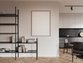 Stylish home kitchen interior with shelf and eating space. Mockup frame Royalty Free Stock Photo