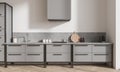 Stylish home kitchen interior with shelves, stove and minimalist kitchenware