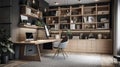 A stylish home office with a large desk and plenty of wall storage created with Generative AI