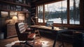 A stylish home office in a rustic cabin with a laptop, wooden desk and a leather chair and a breathtaking view.