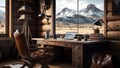 A stylish home office in a rustic cabin with a laptop, wooden desk and a leather chair and a breathtaking view.