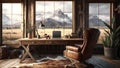 A stylish home office in a rustic cabin with a laptop, wooden desk and a leather chair and a breathtaking view.