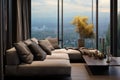 Stylish home view Large window, gray couch, black accent pillows