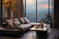 Stylish home view Large window, gray couch, black accent pillows