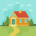 Stylish house against the sky and other elements of the environment. Mansion vector illustration.