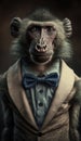 Realistic Portrait Illustration Art Showcasing Cute Baboon wearing bow tie (Generative AI)