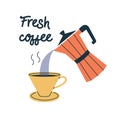 Stylish illustration with cup of coffee and moka pot