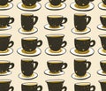 Stylish illustration with cups of coffee. Vector seamless pattern. Hipster design.