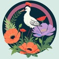 A stylish illustration depicting a cute flower bouquet and a heron . Vector design, printing, print, graffiti