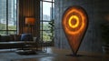 Stylish indoor space featuring a modern illuminated location marker in a cozy setting Royalty Free Stock Photo