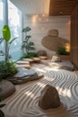 Stylish indoor Zen garden with sand patterns, stone pathway, bonsai, and chic pendant lights creating a serene