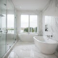 Stylish interior of bathroom with bathtub shower towels and other personal bathroom accessories Modern and design interior Mar Royalty Free Stock Photo