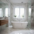 Stylish interior of bathroom with bathtub shower towels and other personal bathroom accessories Modern and design interior Mar Royalty Free Stock Photo