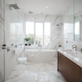 Stylish interior of bathroom with bathtub shower towels and other personal bathroom accessories Modern and design interior Mar Royalty Free Stock Photo