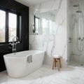 Stylish interior of bathroom with bathtub shower towels and other personal bathroom accessories Modern and design interior Mar Royalty Free Stock Photo